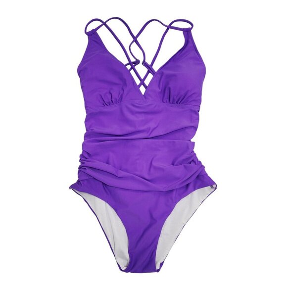 Purple One-Piece Swimsuit Cross Strap  Detailing  Adjustable Ties  All Sure SZ L - Picture 1 of 8